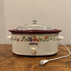 Vintage RIVAL Slow Cooker 3745 4.5 qt Oval CROCK-POT Floral Botanical Maroon Red